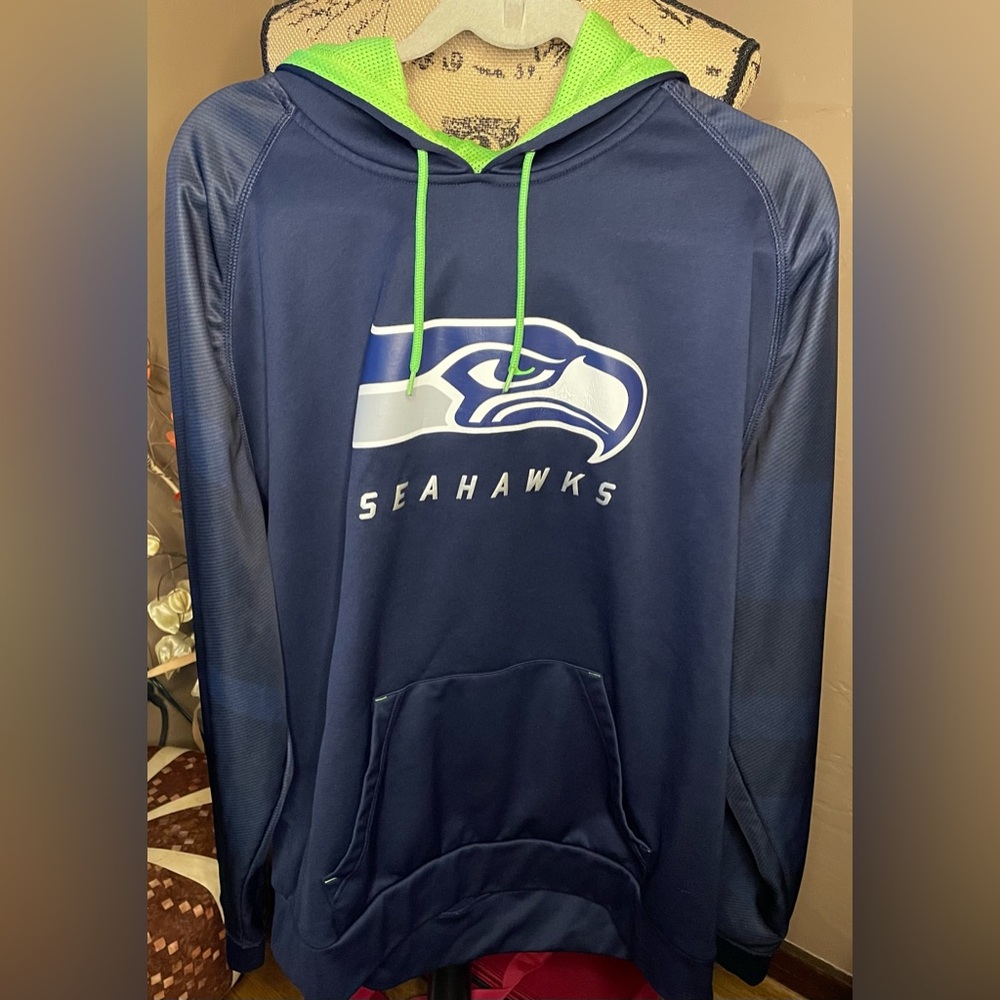 Majestic Seahawks Blue Logo Hoodie Pocket front Fleeced lined Sz 2XL PTP 27”